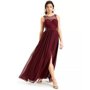 Lace and Chiffon Gown with Geometric Neckline - Bridesmaid Prom Homecoming Dress